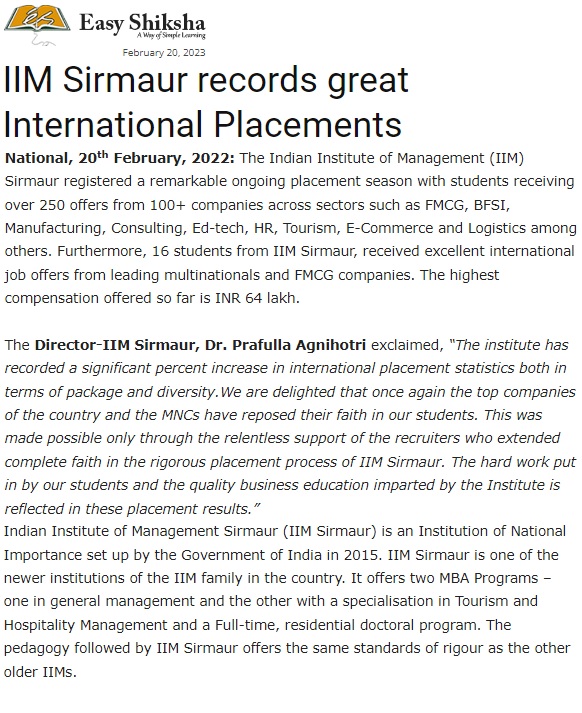 IIM Sirmaur records great International Placements 10