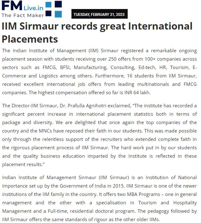 IIM Sirmaur records great International Placements 11