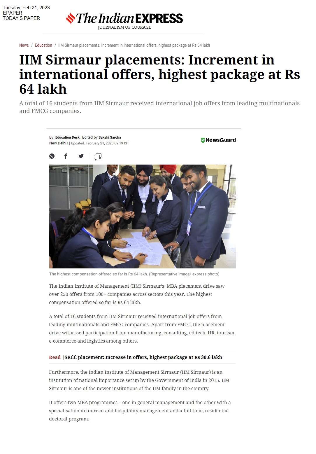 IIM Sirmaur records great International Placements 2