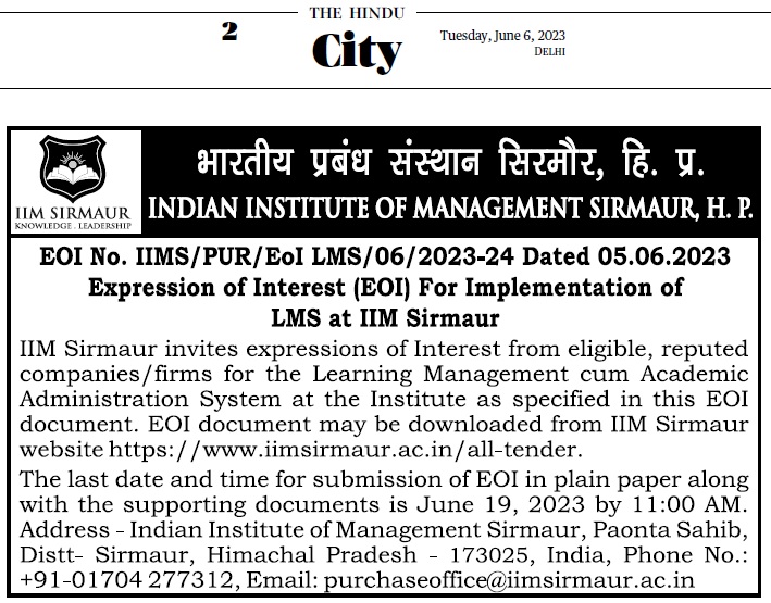 EOI for Implementation of LMS at IIM Sirmaur