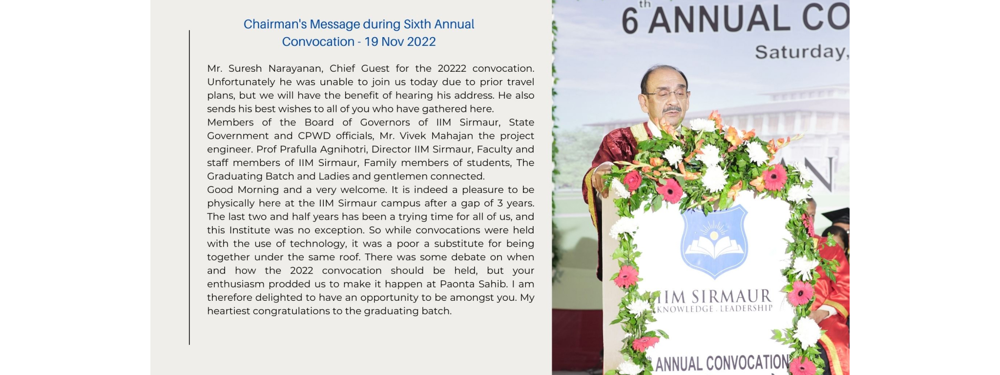 Chairman's Message during Sixth Annual Convocation - 19 Nov 2022